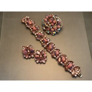 Juliana Flying Saucer Set Bracelet Brooch Earrings Pink Purple Rhinestones Beads